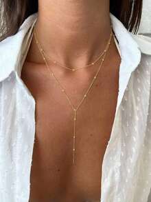 1条长款Y形吊坠项链，配圆形珠子，合金材质，适合派对、服装搭配、日常佩戴、送礼等场合。（手工剪裁链条至合适长度，珠子数量可调节） - 銀色 - 查看 3