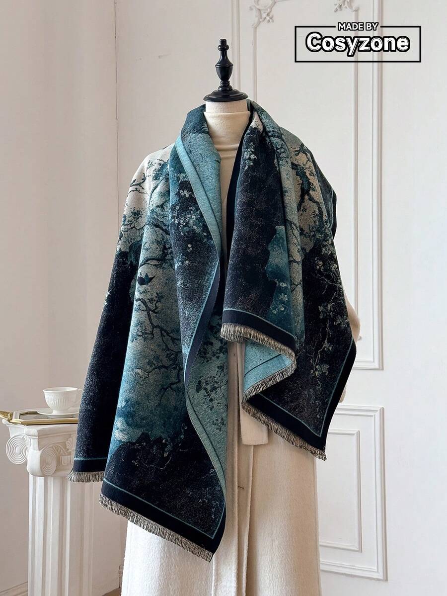 1pc Elegant Oil Painting Landscape Pattern Jacquard Warm Scarf For Women, Suitable For Air-Conditioned Rooms, Fashion & Versatile Neck Warmer For Autumn/Winter