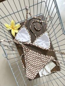 Women's Knitted Bikini Set, Orange Brown White Yellow Plaid Print, Halter Neck Tie, Side Tie Back - Multicolor - View 5