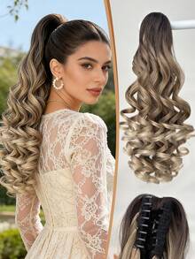 Claw Shaped Ponytail Extension Hair Accessory Gradient Brown 22 Inch Deep Wave Heat-Resistant Fiber Synthetic Ponytail Wig, Suitable For Women's Christmas, Halloween, Music Festivals, Parties, Daily Use - Brown Ombre - View 12