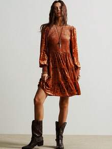 Rusttydustty Bohemian Style Velvet Waist Tie Layered Ruffle Hem Dress, Showcases Elegant Elegant, Suitable For Holiday Parties, New Year, Valentine's Day And Various Occasions