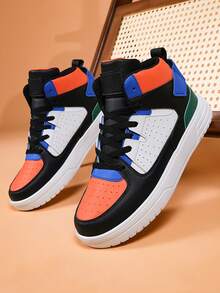 Men's High-Top Skate Shoes, Black Multi-Color Sneakers With Orange Blue Green Accents, Thick Sole Breathable Athletic Shoes For Streetwear, Comfortable Urban Style Gift For Him - 黑藍 - 查看 1