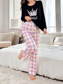 2pcs Women Casual Sleepwear Set - Letter Crown Print Top And Plaid Pants - Black - View 2