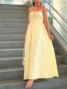 女士优雅格子吊带连衣裙，适合日常穿着、度假和约会 - 黃色 - 查看 3