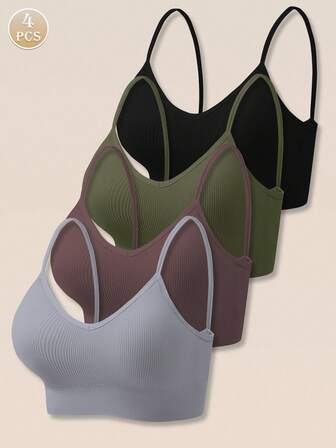 4 件套女士无缝条纹吊带背心文胸，性感舒适带衬垫内衣
