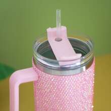 40oz Diamond-Studded Tumbler With Handle & Straw – Double-Wall Insulated Stainless Steel Water Bottle, Travel Mug For Women, Leakproof, Multi-Color/Texture, Gift For Home, Kitchen, Wedding - Peach Pink - View 3