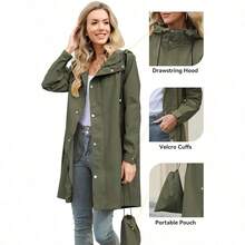 Zando Long Packable Rain Jacket Women Waterproof - Raincoat For Women Rain Coat With Hood Lightweight Outdoor Windbreaker - 軍綠色 - 查看 4
