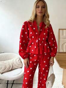 Womens 2 Piece Outfits Heart Print Peplum Tops  Pants Sets Puff Long Sleeve Blouse Y2K Lounge Sets - 紅色 - 查看 2