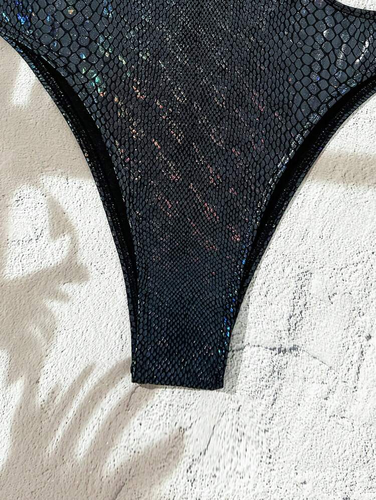 一件金属光泽优雅性感波西米亚风针织圆形比基尼，适合海滩、旅行、约会、春夏穿着。 - 黑彩 - 查看 4