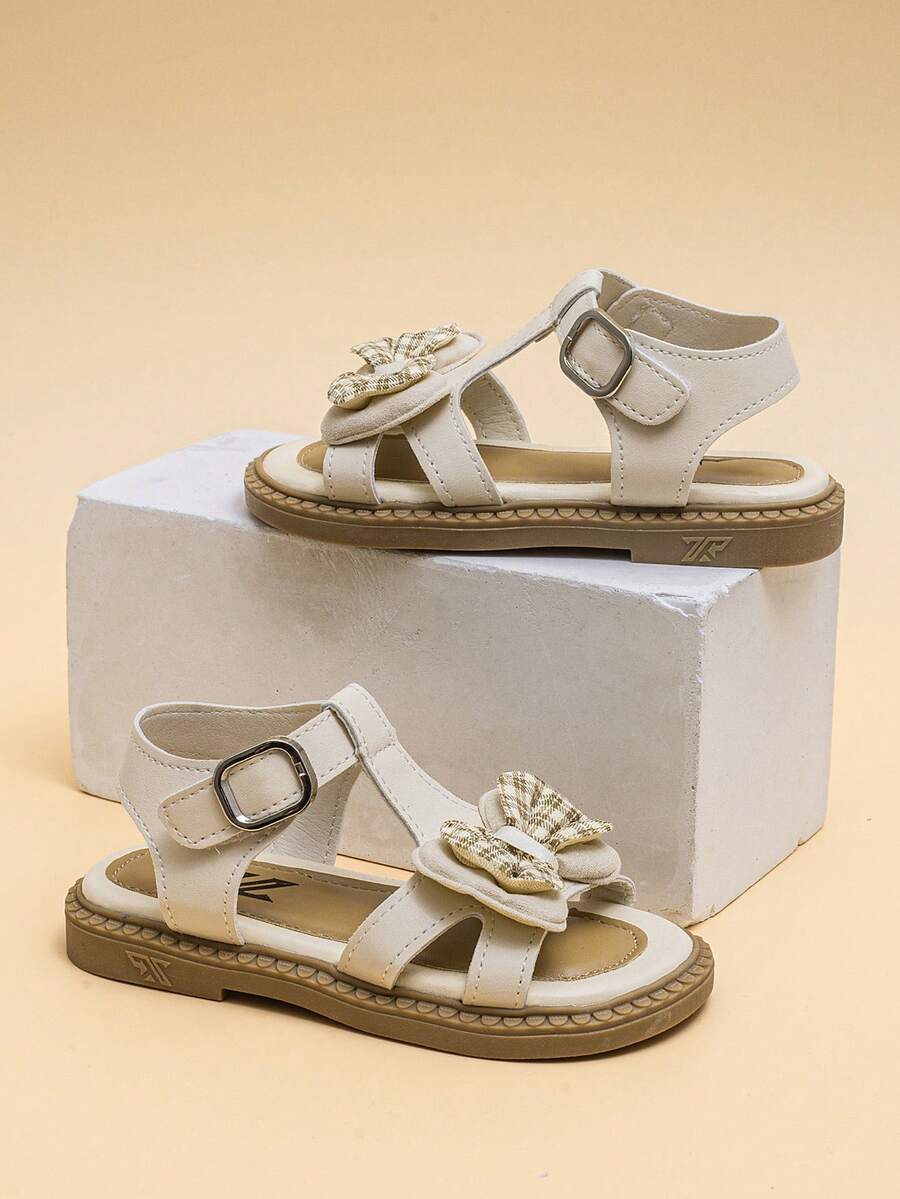 Girls' Summer Soft Sandals: Cream White Plaid Bow Style, Soft Sole, Non-Slip Design, With Convenient Buckle, Ideal For Daily Outings - Champagne - View 1