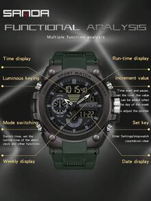 SANDA 3302 Men's LED Digital Quartz Watch, Waterproof Outdoor Sports Multifunction Dual Display Electronic Watch - Army Green - View 3