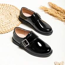 Sepatu Kulit Imitasi Anak Laki-Laki yang Muda dan Bersemangat, Kulit Imitasi Timbul dengan Pola Batu dan Finishing Mengkilap, Penutup Velcro dengan Dekorasi Gesper Modis, Cocok untuk Bermain Sehari-hari dan Sekolah - Hitam - View 3
