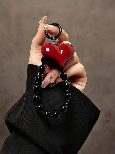 2/1pc Red Heart Charm Beaded Keychain, Heart-Shaped Wristlet Phone Chain, Black Beaded Phone Strap, Metal Clasp DIY Craft Accessory Key Chain, Keychain Wristlet, Suitable For Bag Charm, Bag Charms For Purse, Keychains For Woman, Purse Charm, Ideal As A Birthday, Valentine's Day, Or New Year Gift For Family