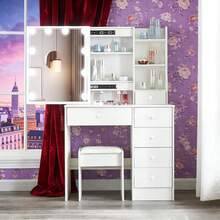 White Dressing Table LED Vanity Stool Set Makeup Desk W/ Mirror 10 Light &Drawer - 白色 - 查看 5