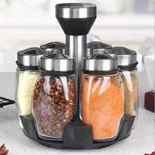 7件套调料罐套装，带旋转玻璃架，玻璃调味罐，适用于盐、胡椒粉、糖等，厨房收纳整理架