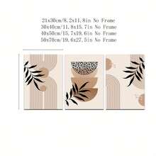 3pcs Frameless Neutral Modern Wall Art Bohemian Style Gallery, Contemporary Prints, Neutral Bohemian Style Brown Geometric Black Leaves Canvas Paintings - Green - View 3