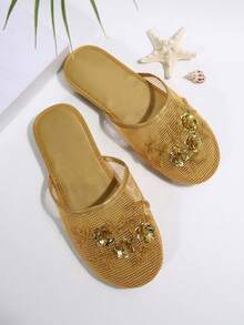 Dép lê nữ thêu chỉ vàng, dép bệt hở gót thêu họa tiết, kiểu dáng thanh lịch thường ngày, dép lê đế bằng thoáng khí thoải mái thời trang, phù hợp cho trang phục mùa xuân hè. - Vàng - Xem 14