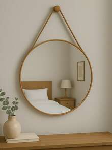 Round Decorative Adnet Mirror With Handle For Wall Mounting In Living Room, Bedroom, Office, Bathroom - 駝色 - 查看 1