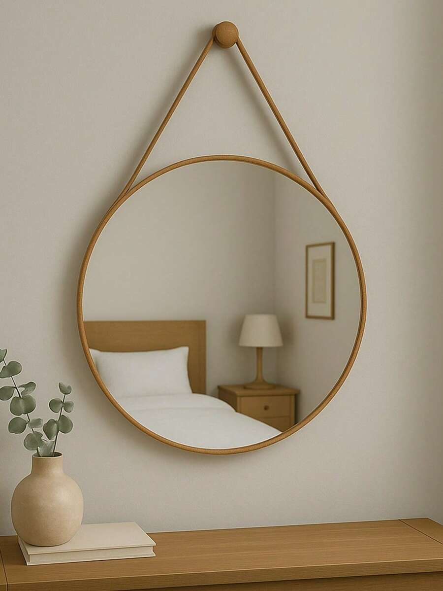 Round Decorative Adnet Mirror With Handle For Wall Mounting In Living Room, Bedroom, Office, Bathroom - 駝色 - 查看 1