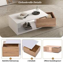 Coffee Table 90 X 50 X 30 Cm, 360° Swivel Drawer, Coffee Table With 1 Drawer, High-Gloss Lacquered Living Room Table With Open Storage Space, Side Table, White And Wood Finish