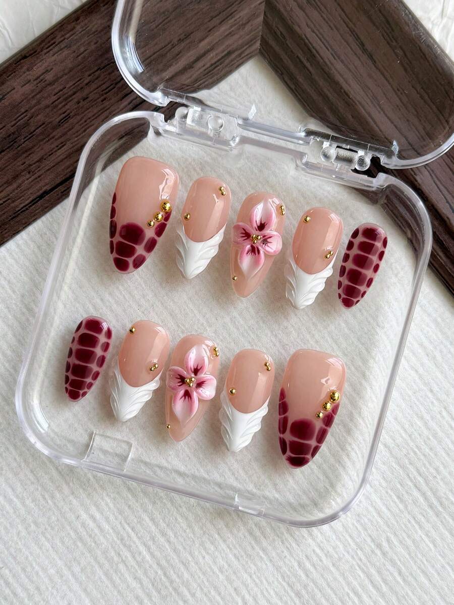10pcs Almond Handmade Press On Nails, White Embossed French Tips, 3D Flower Carving, Snake Hand-Painted Design, 3D Gold Beads, Simple And Elegant Handmade False Nails, Suitable For Girls And Ladies' Daily, Holiday, Vacation, And School Nail Decorations, Comes With Jelly Gel And Nail File - Multicolor - View 1