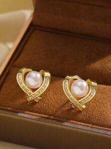 一套不锈钢链条立方氧化锆心形和仿珍珠吊坠项链耳环时尚首饰套装，百搭奢华优雅设计项链耳环首饰，礼品配饰