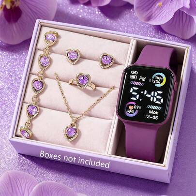 6/5pcs/Set Girls Cute Elegant Fashion LED Digital Display Electronic Watch Set, Suitable For Girls' Daily Wear. Includes Butterfly Necklace, Bracelet, Ring And Earrings, Perfect For Back To School, Parties And Travel. An Ideal Birthday/Holiday Gift For Girls. A Perfect Gift For Girls On Graduation Season, Valentine's Day, New Year And Christmas. Girls Accessories