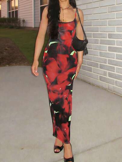 女式花卉印花修身无袖连衣裙，法式时尚风格，春夏