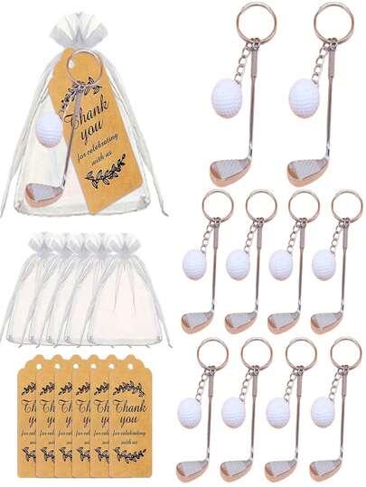 3pcs/Set Golf Keychain Set, Includes Keychain, Gift Bag And Thank You Card, Featuring Realistic Golf Ball And Club Head Design, Suitable For Golf Enthusiasts And Travel, Perfect Gift For Family, Friends And Couples. Shiny Metal Texture, Unisex.