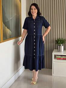 Vestido Jeans feminino com Botões Funcionais e Barra de Babado – Elegância Casual - Lavagem escura - Visão 2