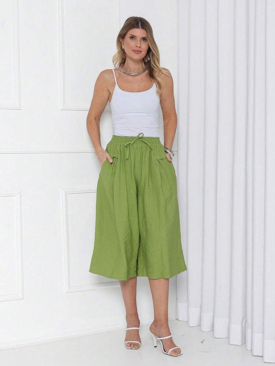 Plain Culottes With Two Elasticated Waist Pockets, Women's Linen, Knot Detail, Wedding Dress. - 青檸色 - 查看 1