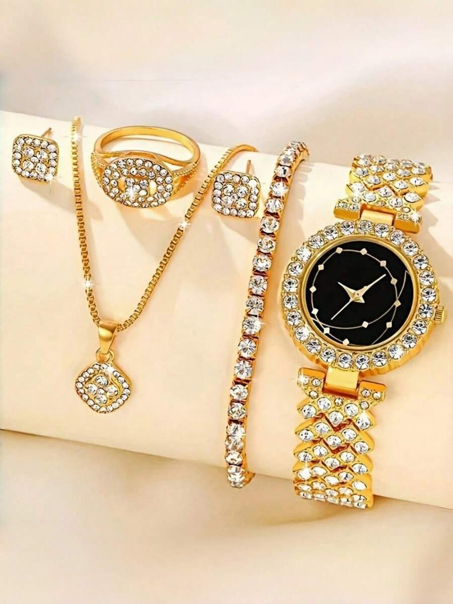 Set de 6 piezas: Reloj de pulsera de mujer con esfera de tierra y diamantes completos, estilo inglés, talla grande juego de joyería: collar de cristal, pulsera, aretes, anillo (sin caja) - Dorado - Ver 1