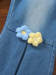 2pcs/Set Toddler Girls' Fashionable Cute Floral Embroidery Puff Sleeve Round Neck Top And Blue Denim Flare Pants Casual Outfit, Spring/Summer - Apricot - View 7