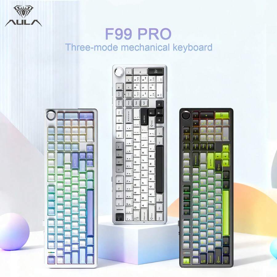 AULA Bàn phím cơ không dây F99 Pro, 3 chế độ kết nối, 99 phím, switch Cherry OEM, pin dung lượng lớn 8000mAh, switch có thể thay nóng, thiết kế gắn gioăng, núm điều khiển đa phương tiện, đèn nền RGB, keycap PBT, phù hợp cho chơi game PC và sử dụng văn phòng.