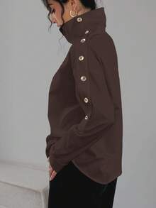 女士高领纯色纽扣装饰短款时尚长袖衬衫，春夏款 - 咖色 - 查看 7