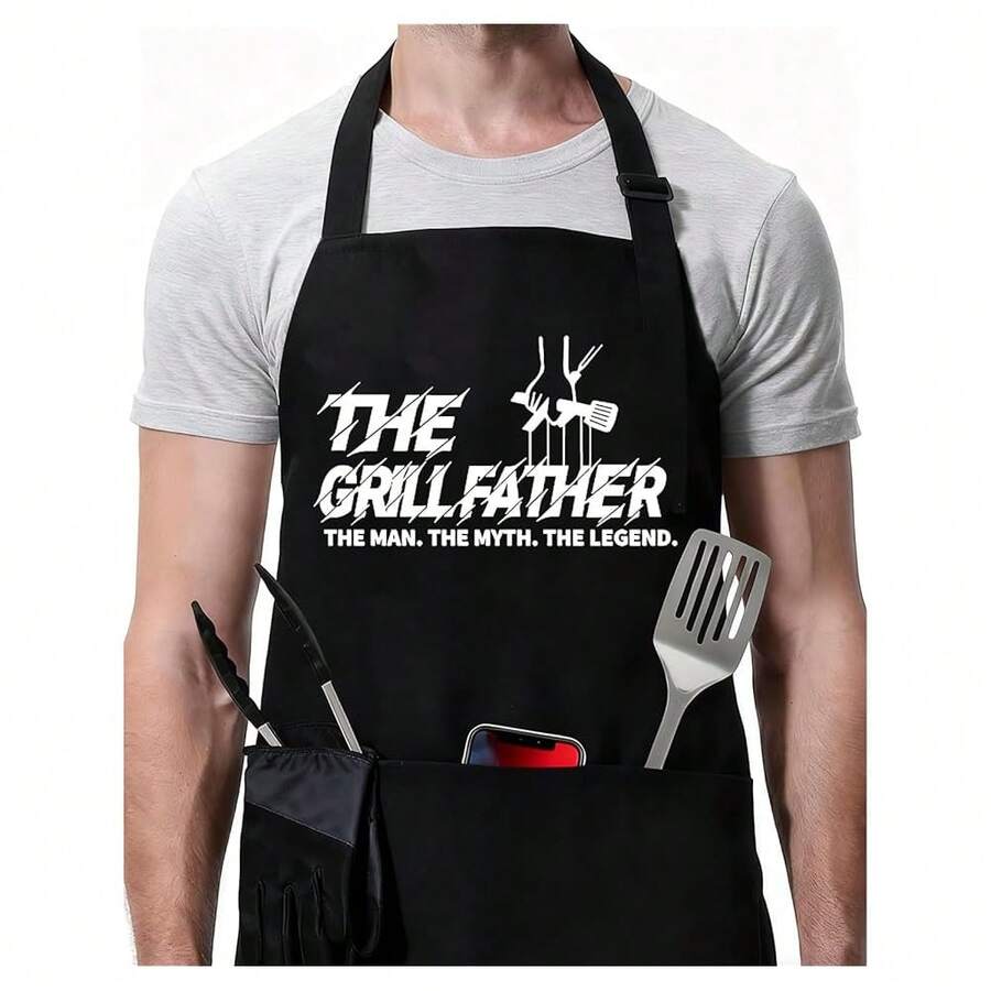ZOORON Funny Black Chef Aprons For Men Adjustable BBQ Grill Kitchen CooFKing Aprons With Pockets, Grill Accessories,TheGrillfather - 燒烤教父 - 查看 1