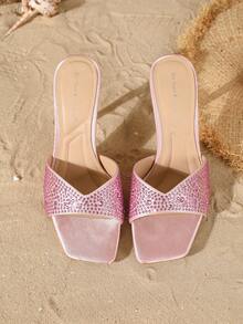 On feet& in love Women's Fashionable & Elegant Satin Rhinestone Strap Open Toe Slip-On Sandals, Suitable For Wearing With Dresses, Stiletto High Heels - Pink - View 6