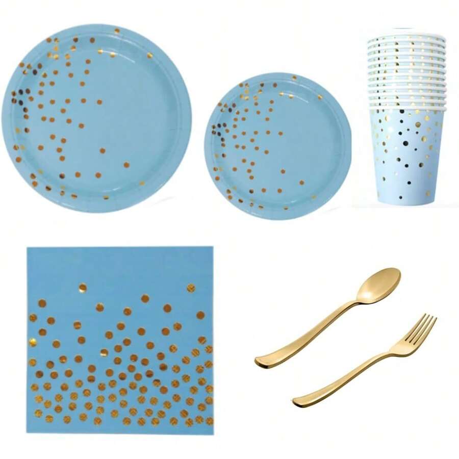 Disposable Kitchenware - Gold Blue Dots - View 1