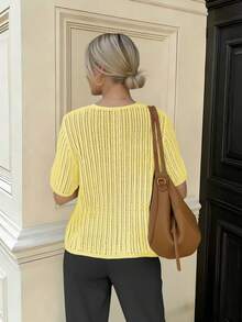 Áo khoác cardigan dệt kim dáng rộng, khoét lỗ, buộc dây, kiểu dáng tối giản cho nữ mùa hè, cổ thấp, tay ngắn, chất liệu lưới móc nhẹ, chống nắng. - Màu vàng - Xem 6