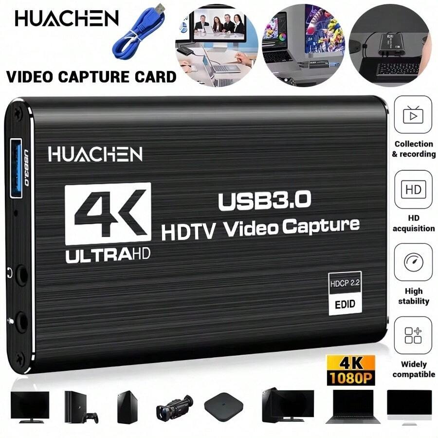 4K 高畫質電視影片擷取卡,支援 1080P 60 幀率,USB 3.0 介面,免驅動即插即用,適用於遊戲、直播、會議、行動錄影設備及串流影片電子設備 - 黑色 - 查看 1
