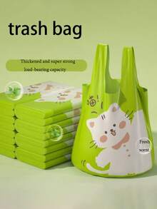 10卷/60个装大号垃圾袋，可爱小猫图案，抽绳封口，个性化猫咪印花设计，防漏绿色垃圾袋 - 耐用便携塑料垃圾袋，适用于厨房、浴室、卧室、客厅和户外 - 多功能家居清洁必备品 - 綠色 - 查看 3