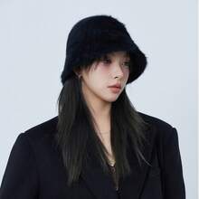 パーソナリティバケットハット 女性用 冬 暖かい帽子 かわいい ソフト ふわふわ バケットハット 毛皮のようなフィッシャーマンキャップ - ブラック - チェックする 4