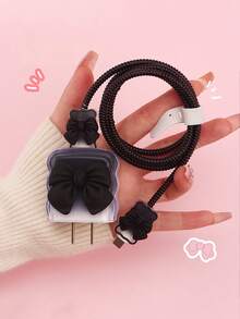 6pcs Cute Bow Candy Color Cable Protector Case, Data Cable Organizer Bag, Digital Accessories Storage Box, Anti-Drop Zipper Pouch, Compatible With 20W Fast Charger