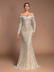 Elegant Women's Sparkling Beaded Off-Shoulder Mermaid Long Sleeve Dress, Fitted Long Shoulder-Revealing Gown With Pearl Embellishment, High-End Evening Gown For Wedding, Business, Party - 香檳色 - 查看 2