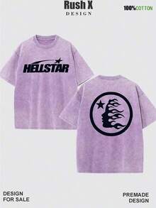 1pc Men's Pattern Washed T-Shirt - Double Sided Printing, 100% Cotton, Short Sleeved, Summer Casual T-Shirt, Black With White Star Design, Loose Fit, Machine Washable, Daily T-Shirt |   Loose Fit Shirt |   100% Cotton T-Shirt, Cotton T-Shirt Shirts  Mens Clothes - 紫色 - 查看 9