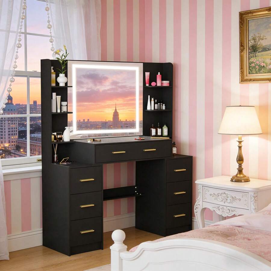 Large Black Dressing Table With Smart LED Mirror 7 Drawers Makeup Vanity Desk UK - Black - View 1