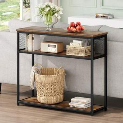 Industrial Style Console Table Side Table With 3 Tiers Shelves Vintage Furniture Center End Table With Storage Shelves For Hallway Living Room Doorway 80kg Max Burntwood Texture Brown