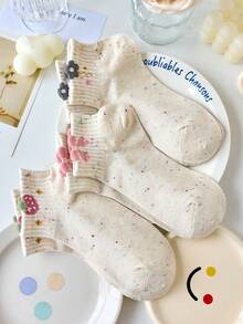 4 Pairs Women's White Ankle Socks With Floral And Bow Embroidery, Striped, Moisture-Wicking And Comfortable, Suitable For Spring And Summer, Random Colors