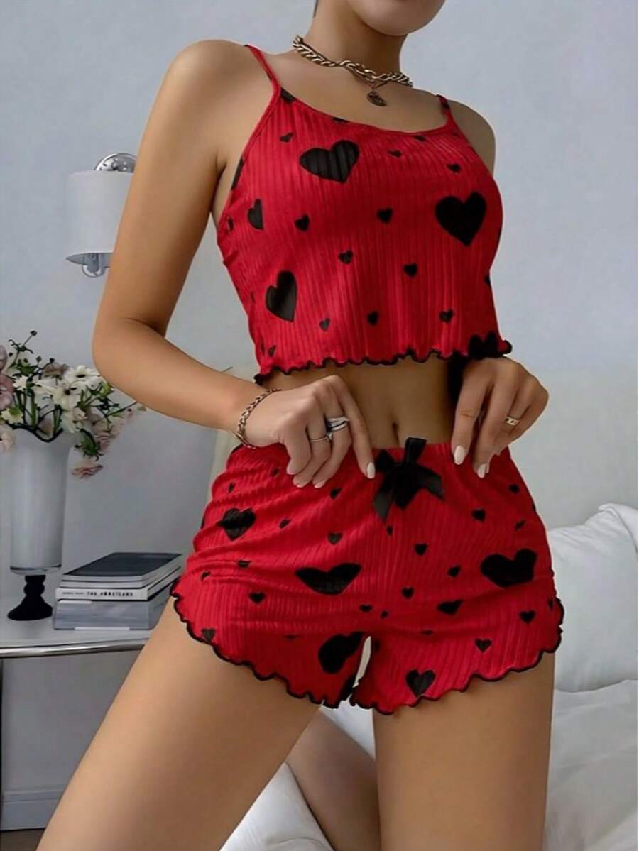 Baby Doll Heart Wave Pajamas Suede - 黑紅色 - 查看 1