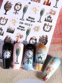 3D Glitter Colorful Fireworks Christmas Nail Stickers 2pcs Clock Tower Clock Candle Champagne Glass Candle Fireworks Design DIY Holographic Y2K Winter Xmas New Year Self-Adhesive Decal Slider Nail Art Decoration Nail Supplies - 彩色 - 查看 7
